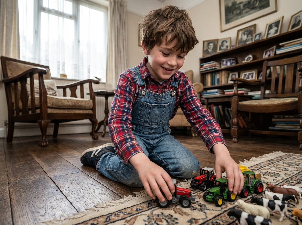 Jeune garçon souriant arrangeant des miniatures de tracteurs dans un salon ancien