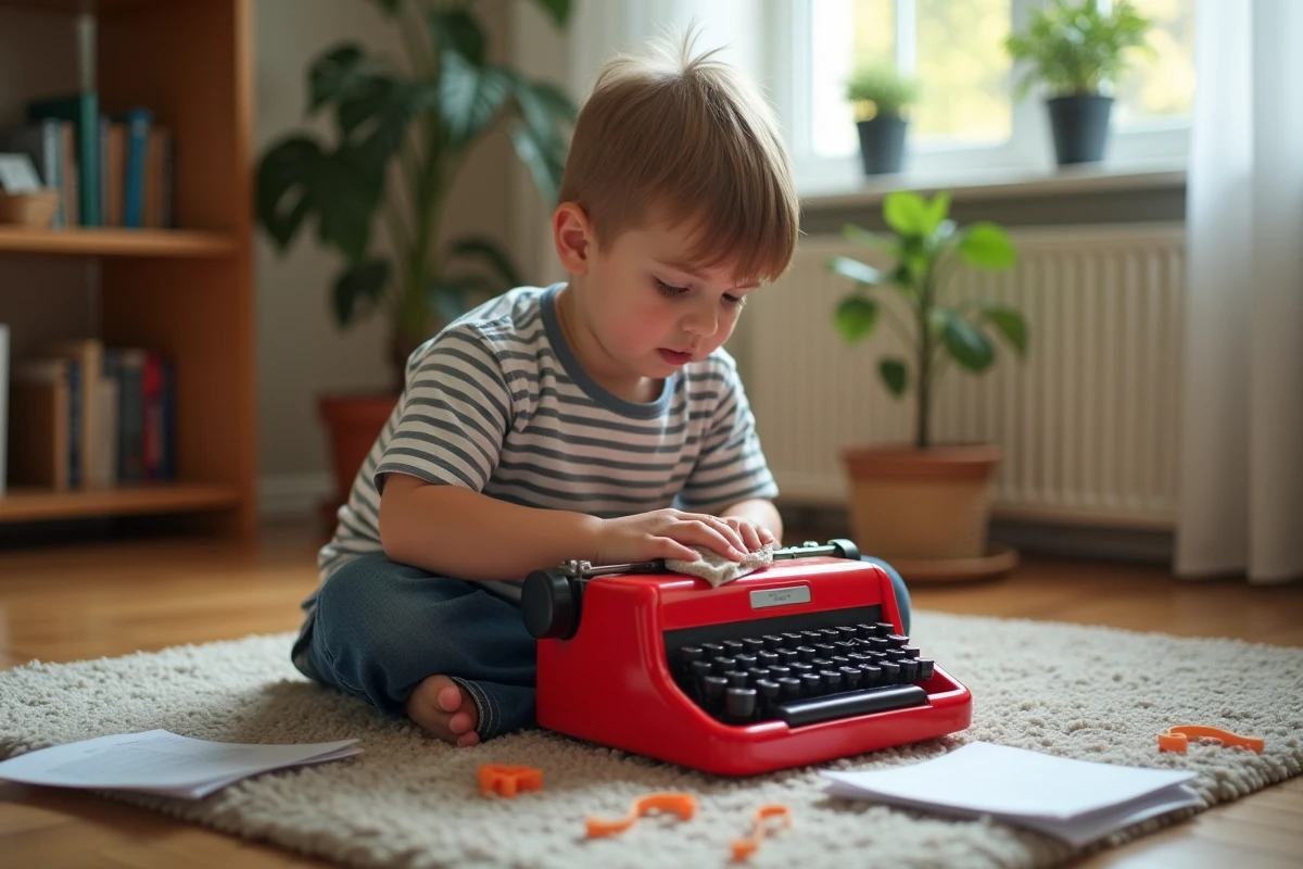 Garçon de 10 ans nettoyant une machine à écrire rouge