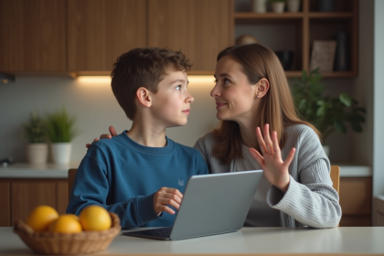 Garçon de 9 ans en sweatshirt bleu avec tablette à la maison