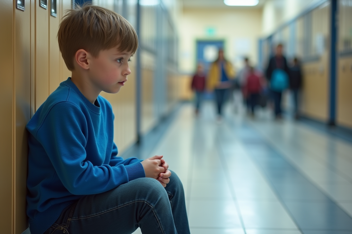 Garçon assis seul dans le couloir de l'école