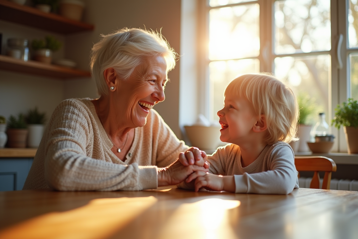 Grand-mère souriante avec son petit-enfant à la cuisine
