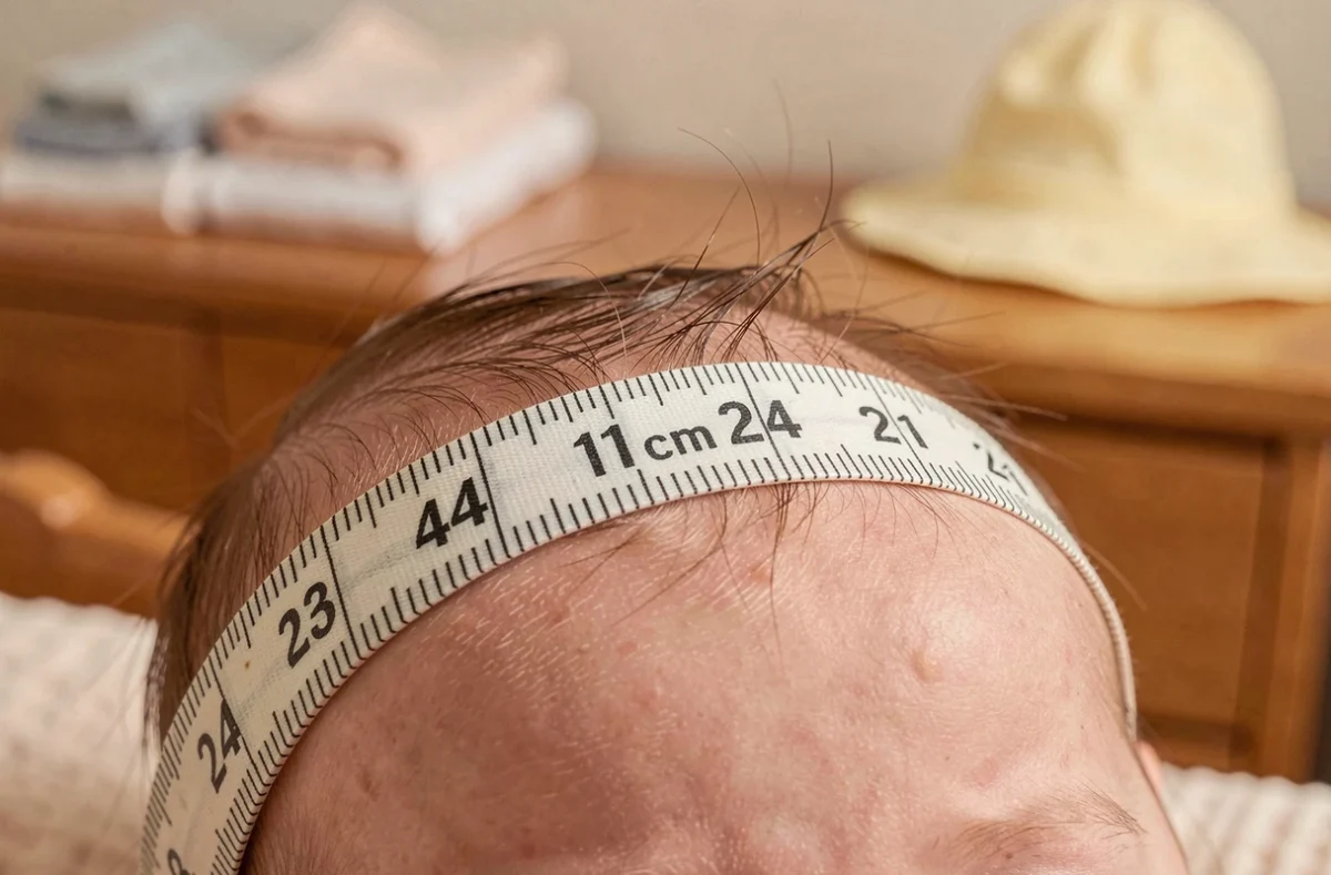 Gros plan d'un mètre ruban mesurant le tour de tête d'un bébé avec indication en centimètres