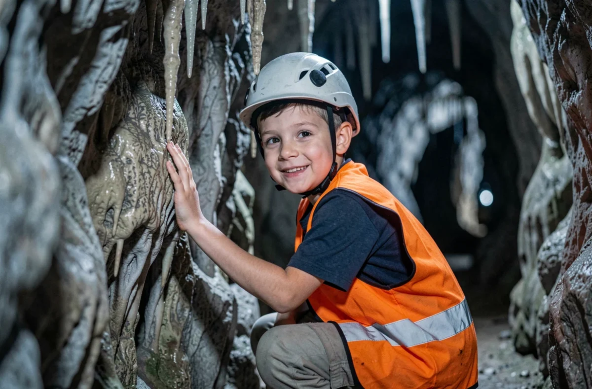 Un garçon explorant les grottes calcaires des Grottes du Cerdon et du Parc de Loisirs Préhistoriques