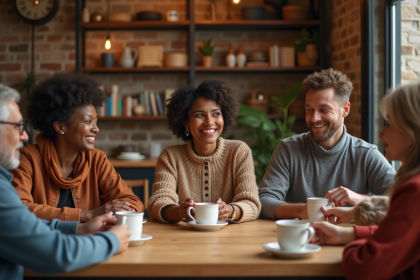 Groupe d'adultes diversifiés autour d'une table de café
