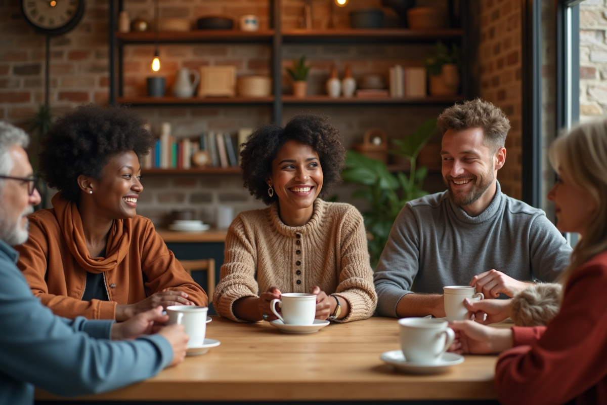 Groupe d'adultes diversifiés autour d'une table de café