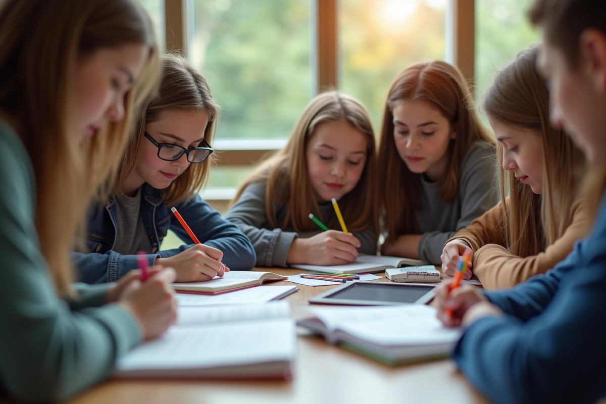 Groupe d élèves collaborant autour d une table en mathématiques