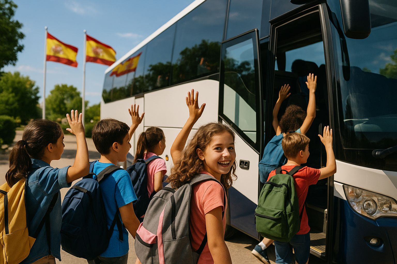 Enfants enthousiastes partant en voyage avec un bus en arrière-plan