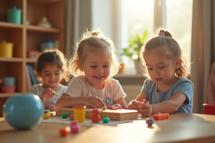 Groupe d'enfants souriants utilisant du matériel Montessori dans une classe lumineuse