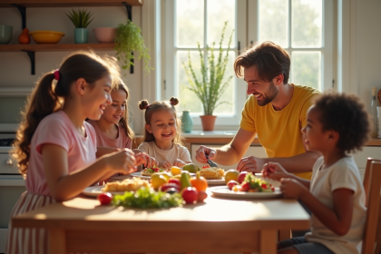 Groupe de frères et sœurs riant autour d'une table en cuisine