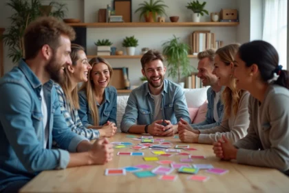 Groupe d'adultes rient autour d'un jeu de quiz en famille