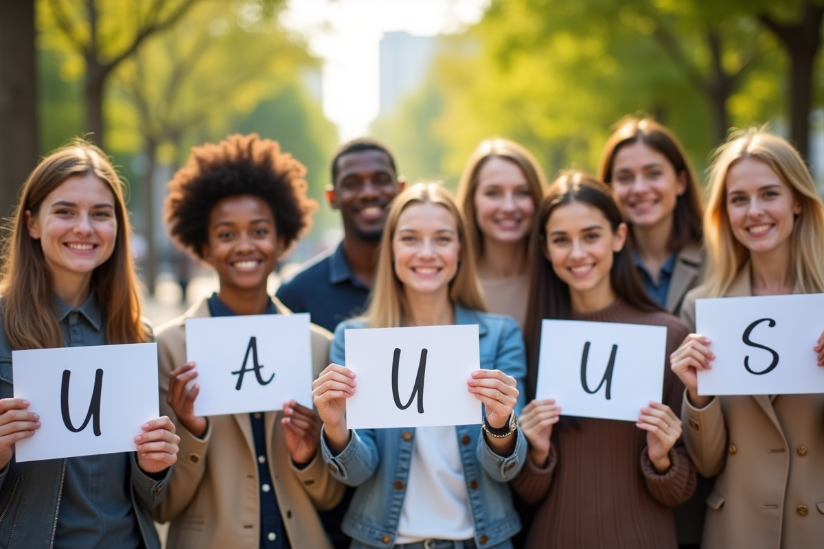 Groupe divers de personnes tenant des cartes avec noms en U