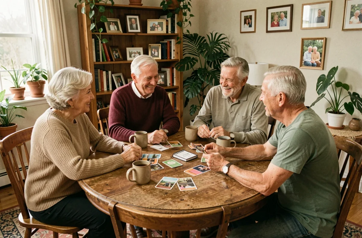 Groupe de seniors jouant à un quiz amoureux autour d'une table en bois dans un salon chaleureux et convivial