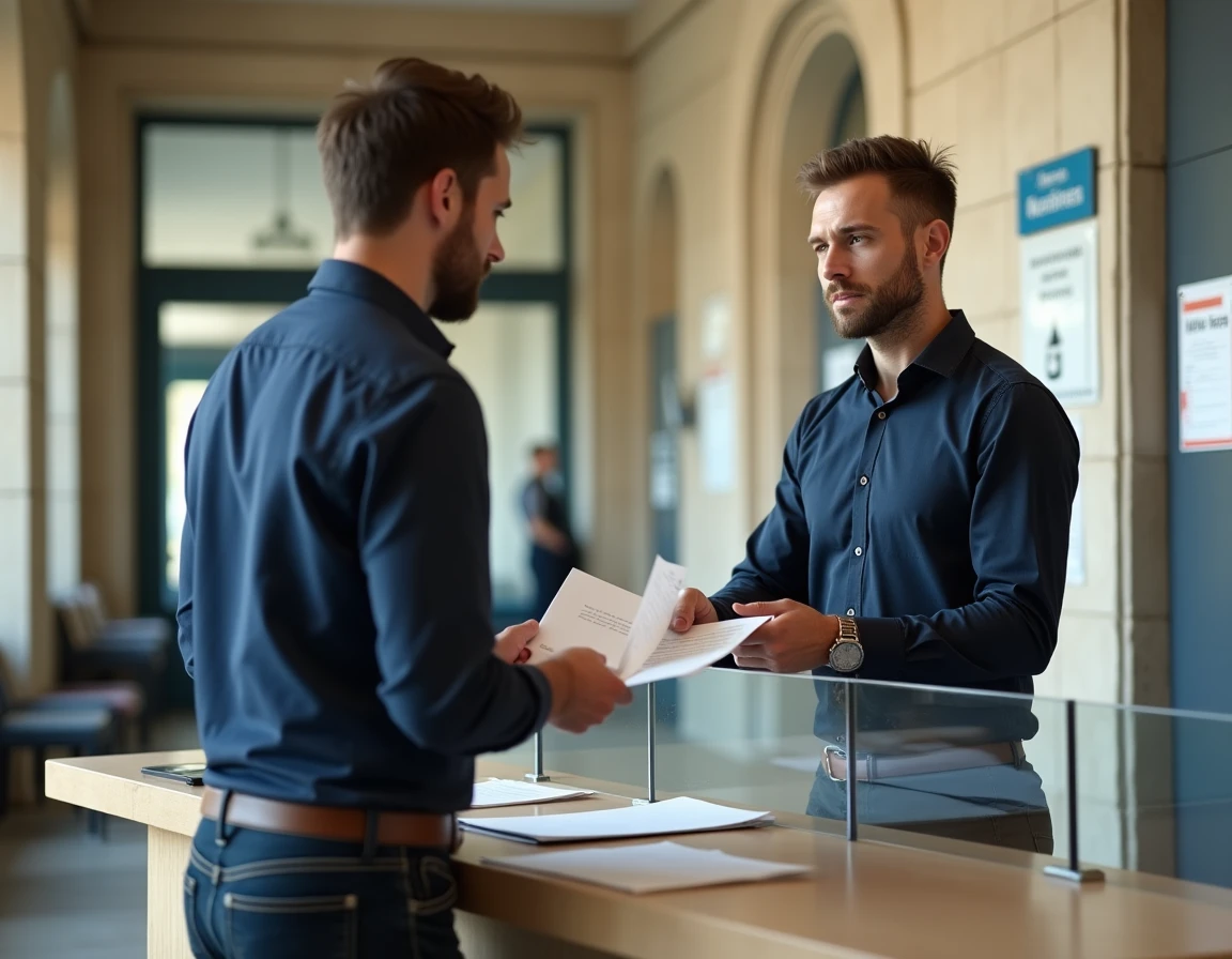 Homme effectuant ses démarches administratives en personne au guichet classique d'une mairie, remettant des documents à un agent municipal