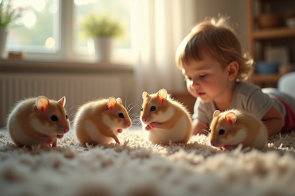 Plusieurs hamsters russes dans un salon familial chaleureux