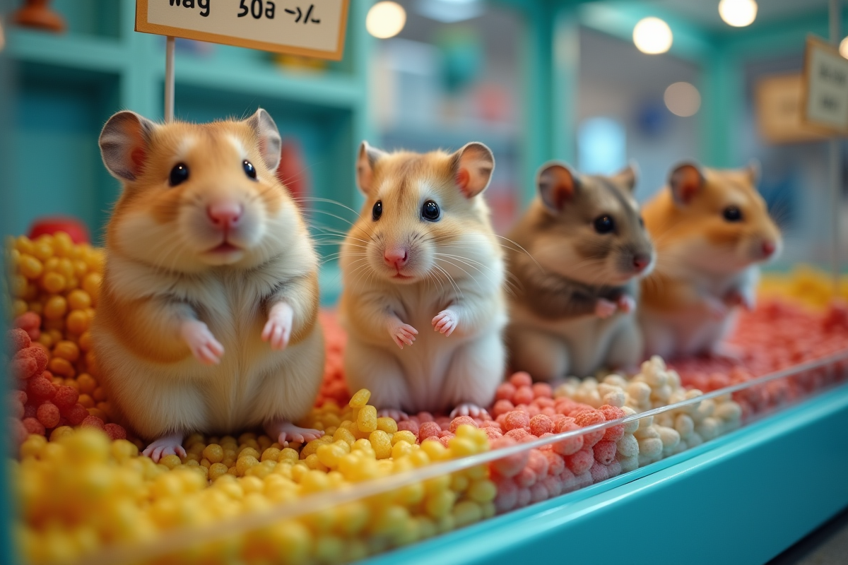 Hamsters russes en vitrine dans une animalerie bien éclairée
