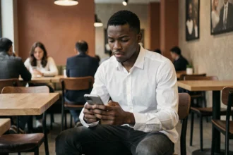 Haron Tanzit assis seul dans un café moderne, regardant son téléphone d'un air pensif, illustrant l'impact personnel d'une relation publique sur sa carrière