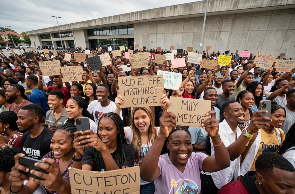 Groupe de fans réunis à l'extérieur d'une salle, filmant avec leurs téléphones, représentant la réaction du public face à la vie amoureuse de Haron Tanzit
