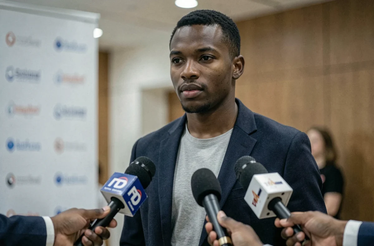 Haron Tanzit face aux médias lors d'une conférence de presse, illustrant les effets de sa vie de couple sur sa réputation publique et son image professionnelle