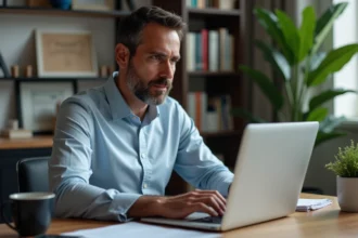 Homme d'âge moyen travaillant à son bureau à domicile