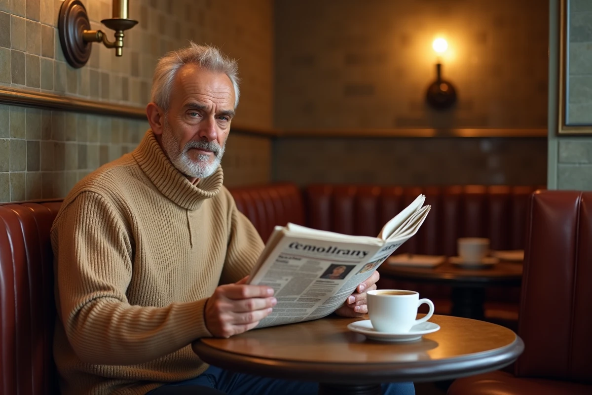 Homme élégant attablé dans une brasserie parisienne avec deux tasses de café, évoquant une complicité intime et discrète