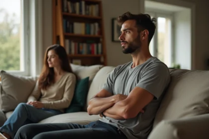 Homme au comportement distant assis loin de sa partenaire sur un canapé, illustrant le profil d'attachement évitant dans une relation intime