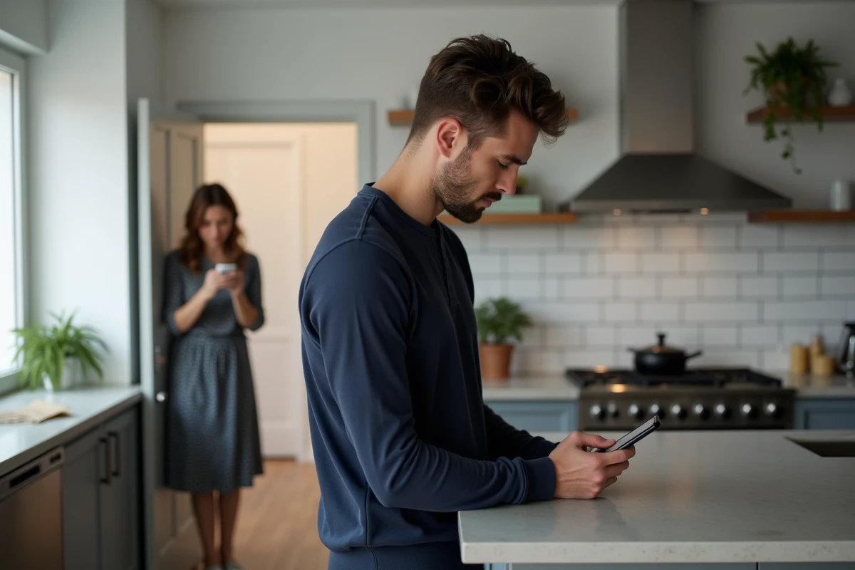 Homme évitant le contact visuel avec sa partenaire dans une cuisine moderne, symbolisant la fuite émotionnelle et le manque d'intimité dans le couple