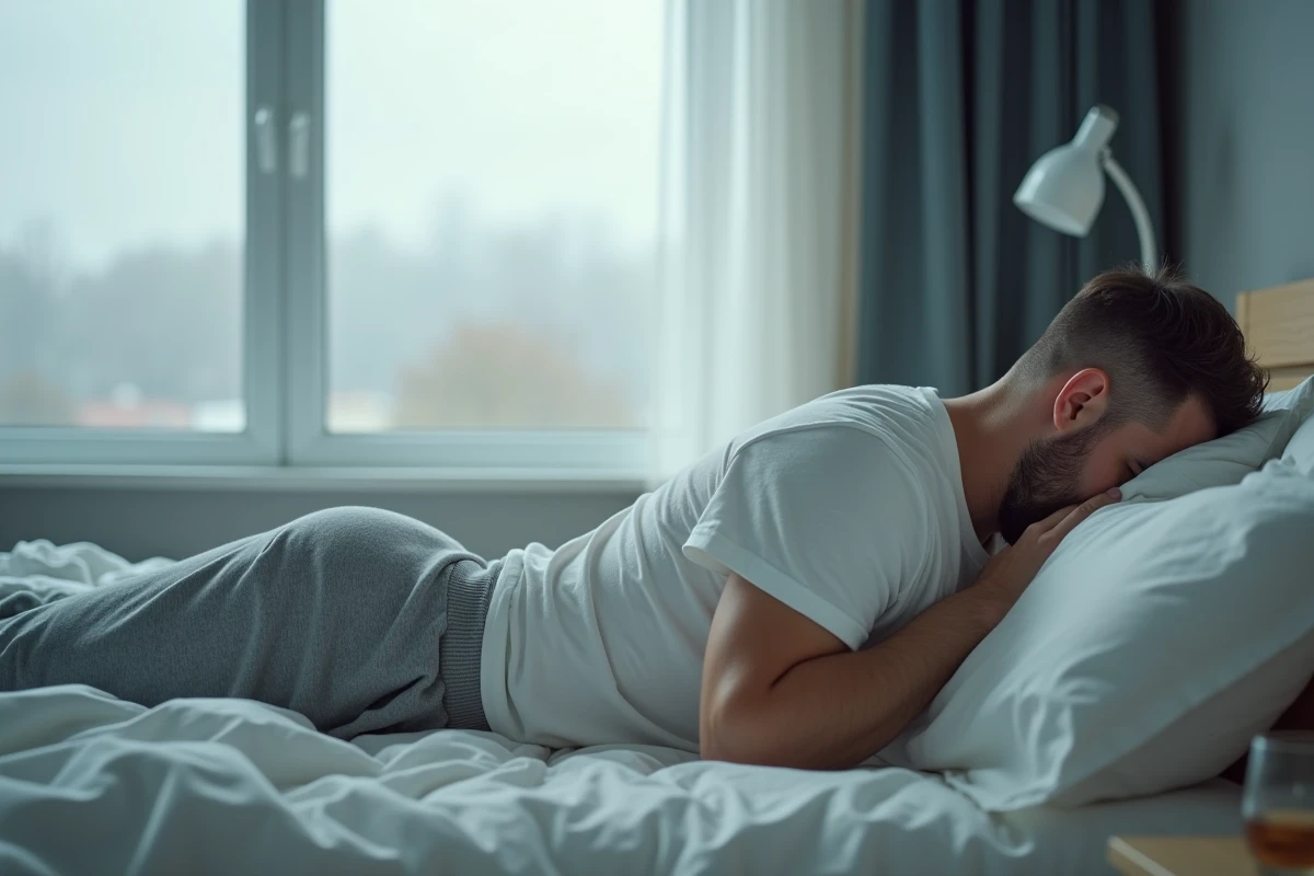 Homme tourné dos à sa partenaire dans un lit, illustrant le retrait émotionnel et physique caractéristique du style d'attachement évitant