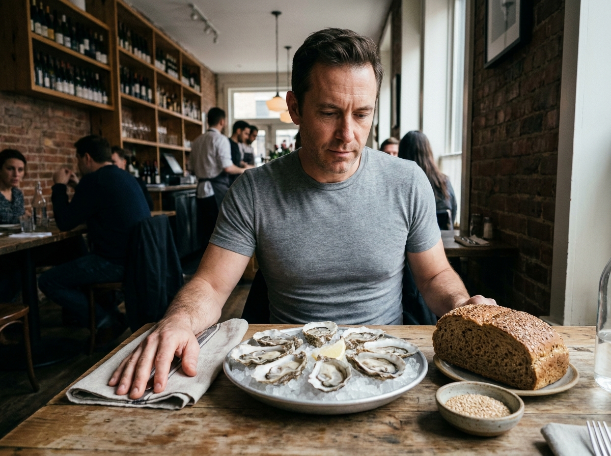 Homme attablé devant une assiette d'huîtres et d'aliments sources de zinc dans un restaurant