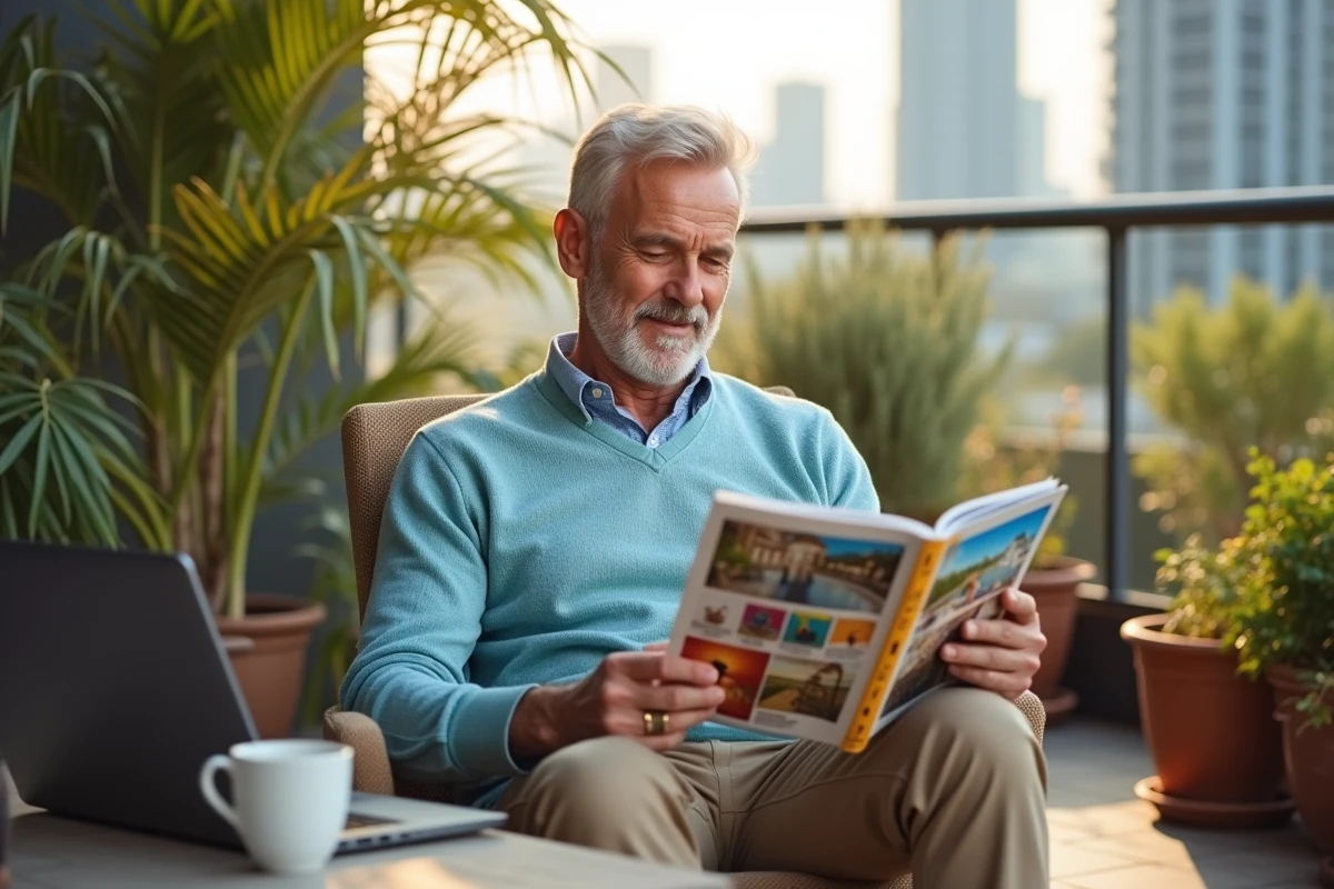 Homme mature lisant un magazine sur un balcon ensoleille