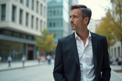Portrait d'un homme en blazer sombre dans un cadre urbain moderne, regard contemplatif symbolisant une séparation conjugale