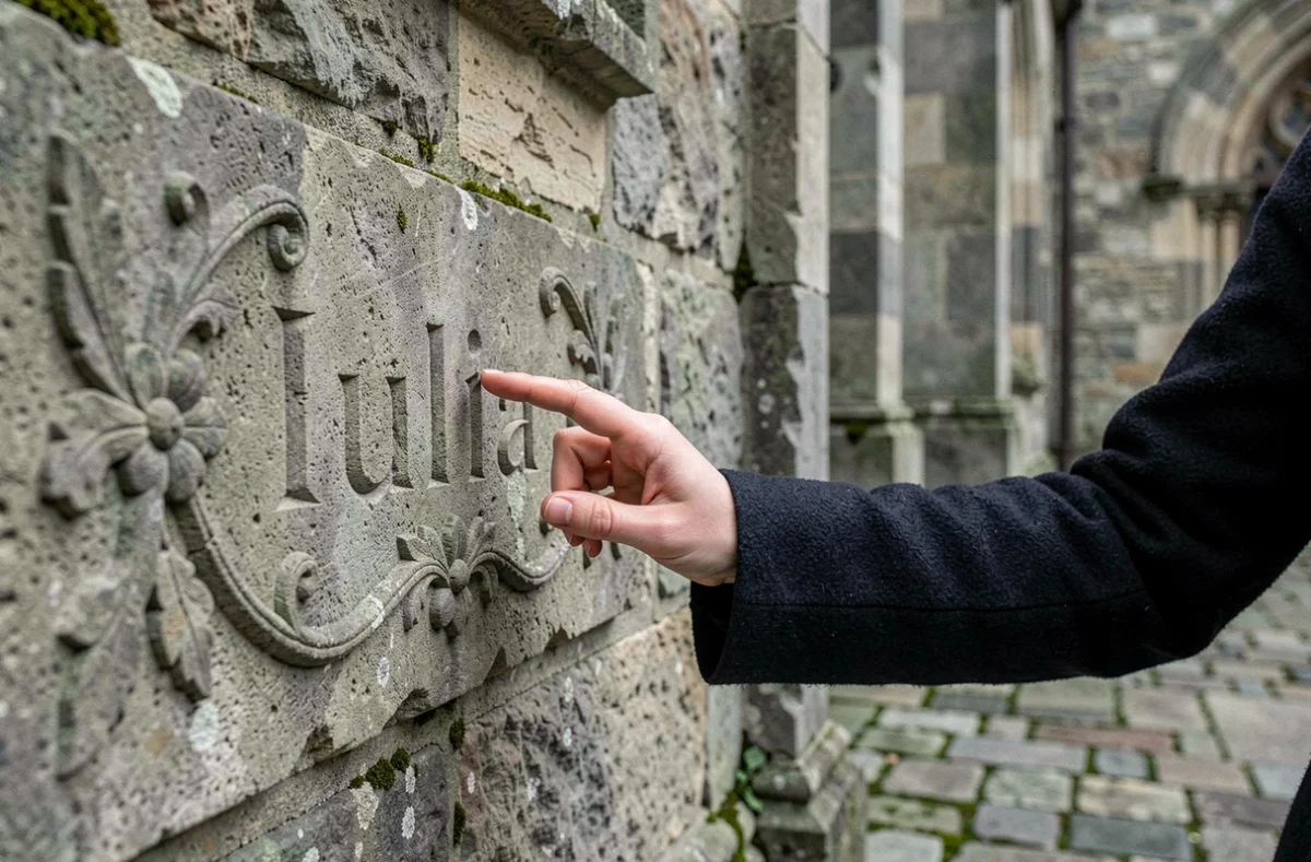 Inscription latine 'Iulia' gravée sur une pierre médiévale, retracant l'origine étymologique du prénom Juliette à travers l'histoire