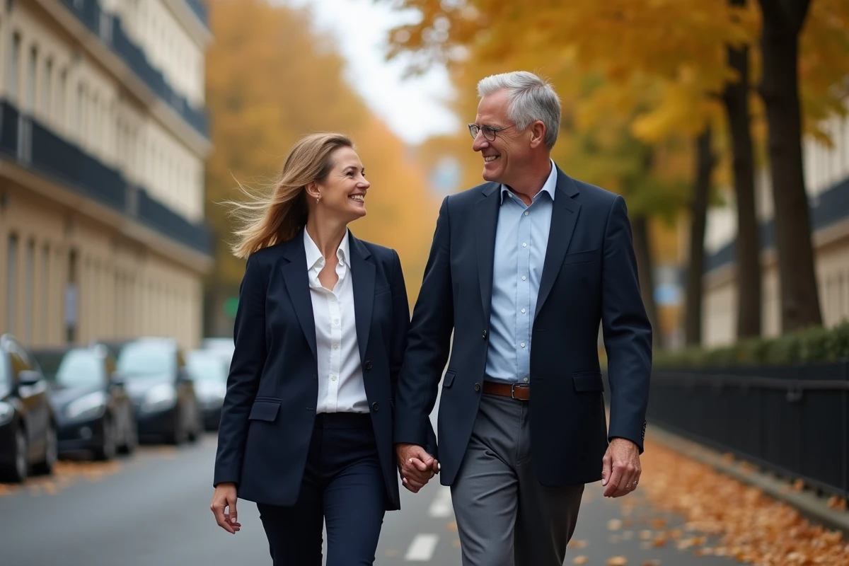 Journaliste et son compagnon se promenant bras dessus bras dessous dans un boulevard parisien en automne