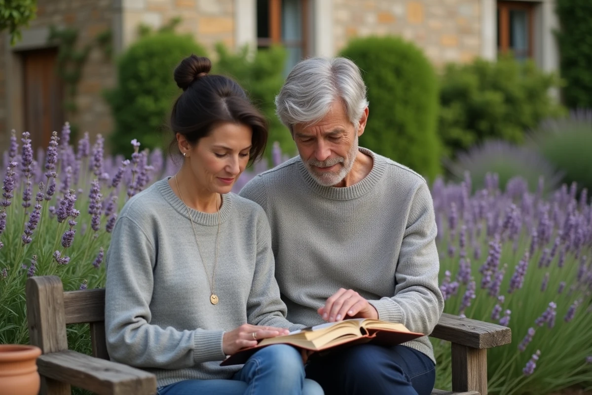 Couple en week-end à la campagne, lisant tranquillement dans un jardin de maison de pierre française