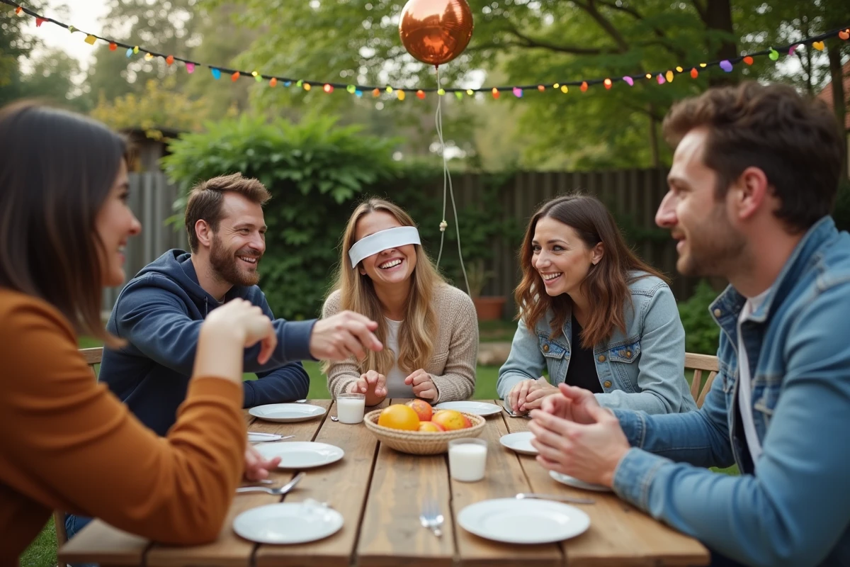 Quatre amis jouent à un jeu de défi en extérieur dans le jardin