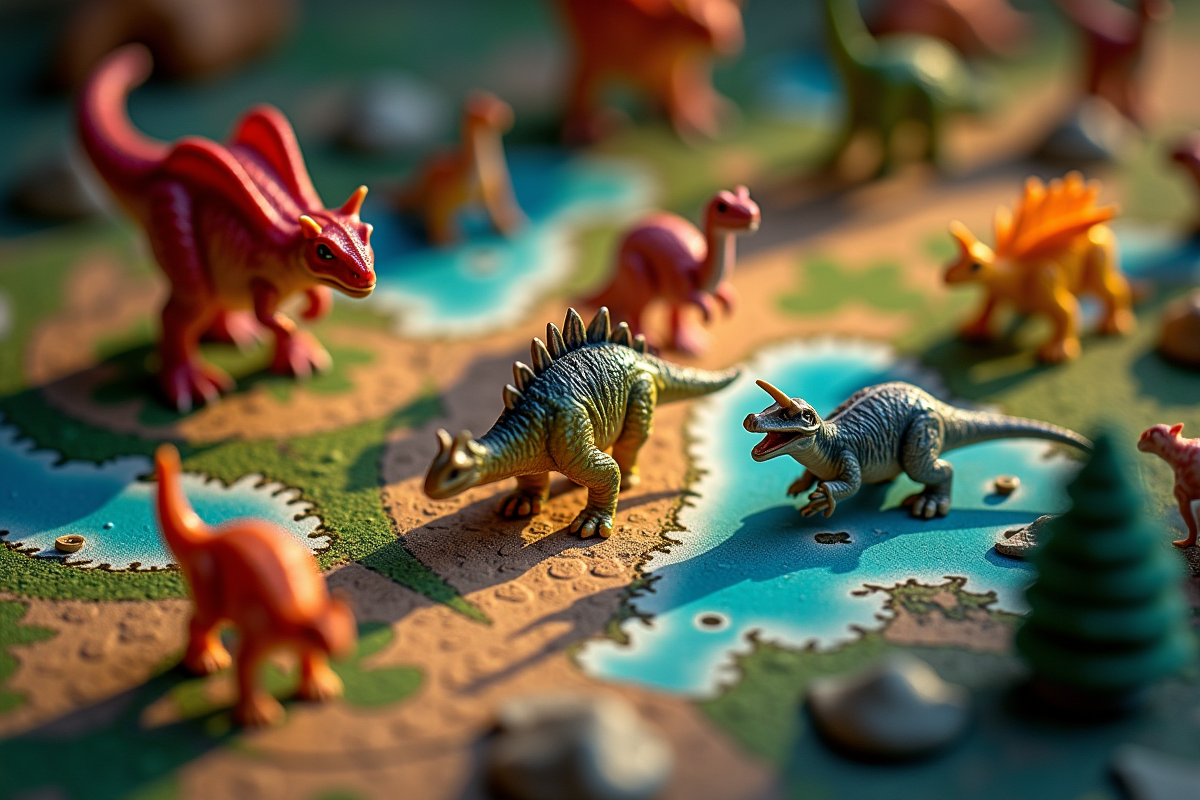 Zoom sur figurines et plateau de jeu dinosaure coloré