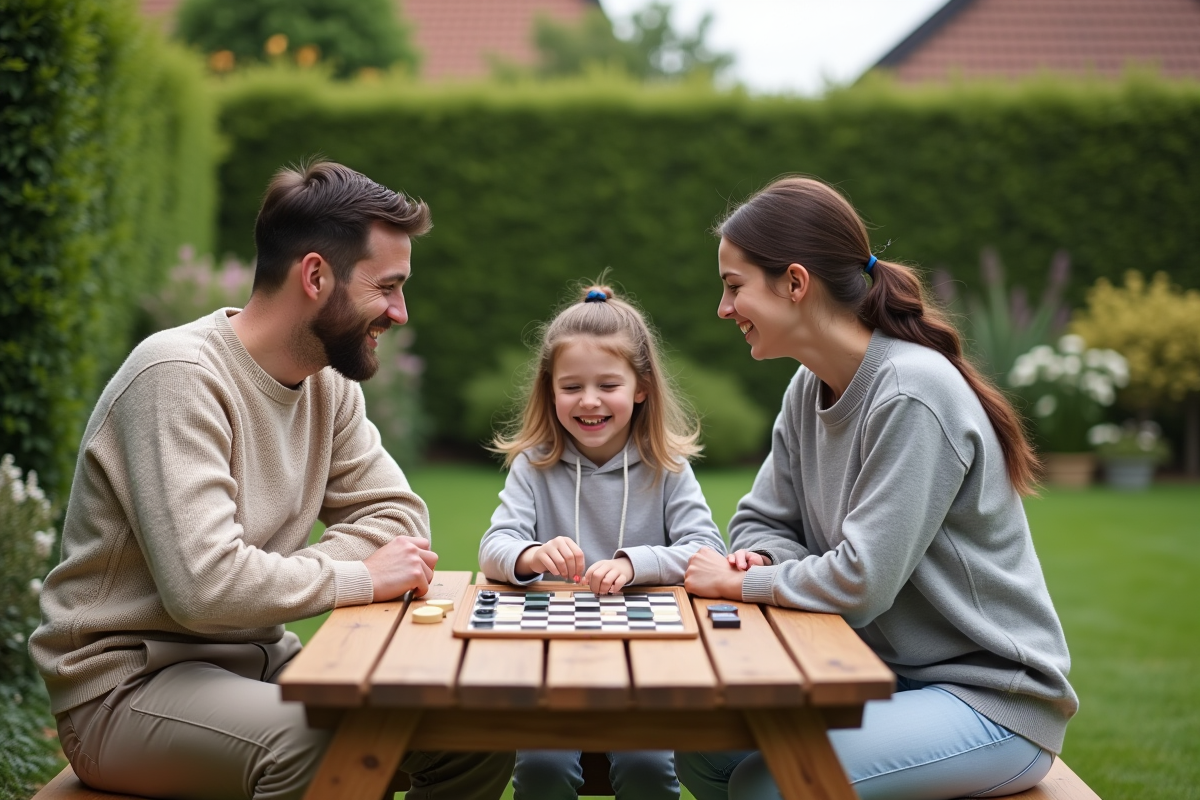 Jeune couple et fille jouant à un jeu de société dans le jardin