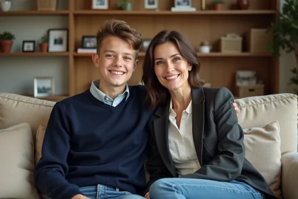 Adolescent avec sa mère dans un salon chaleureux