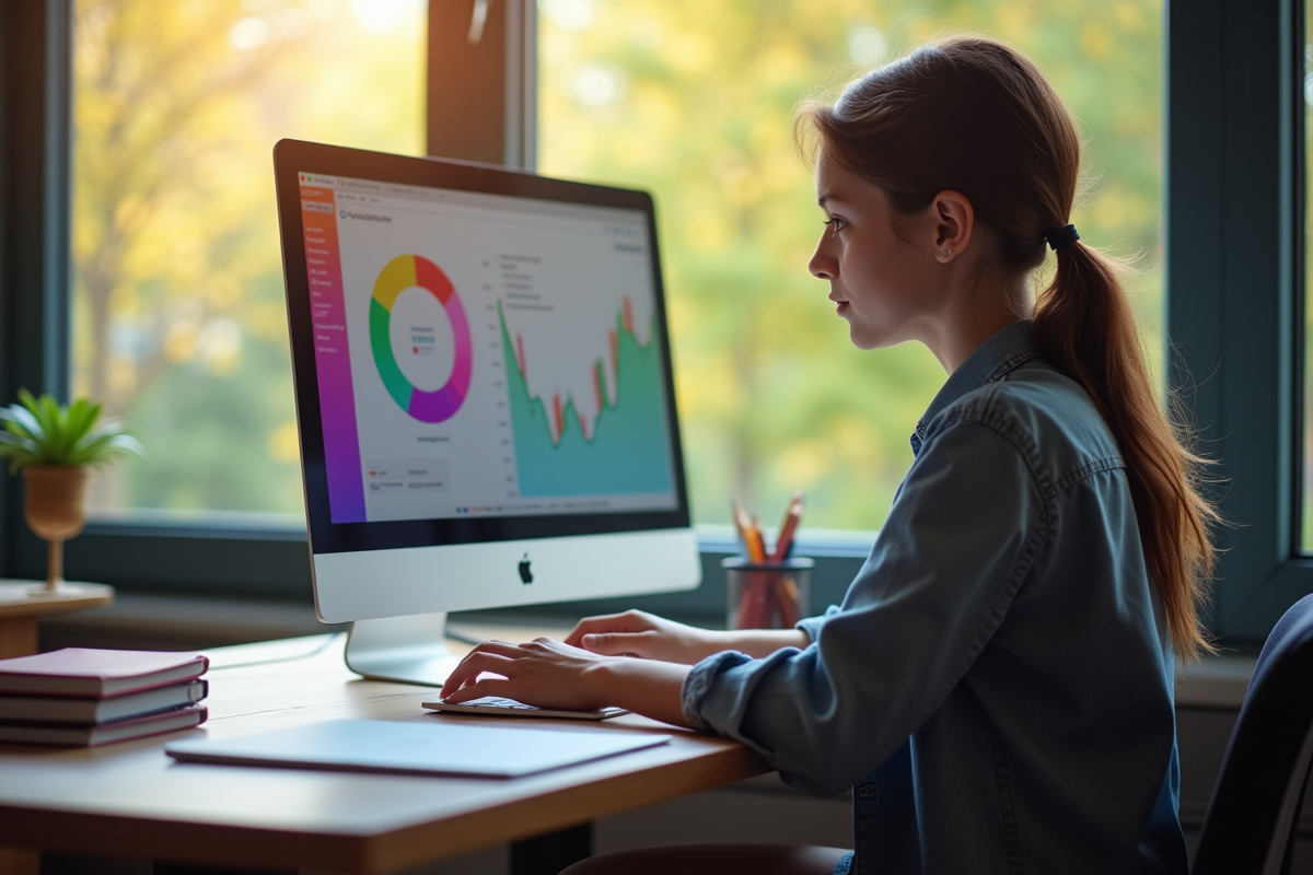 Jeune adulte concentré sur un ordinateur portable avec tableau de bord e-learning
