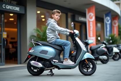 Jeune garçon de 14 ans avec scooter devant un concessionnaire