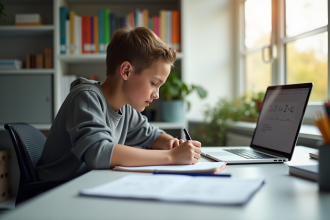 Jeune étudiant concentré en mathématiques à son bureau