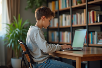 Jeune garçon étudiant à la maison sur un ordinateur portable