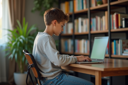 Jeune garçon étudiant à la maison sur un ordinateur portable