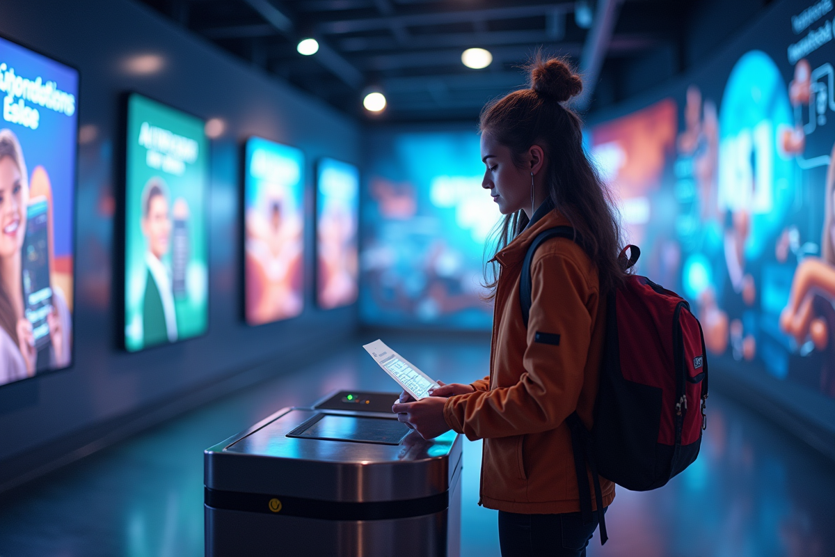 Jeune femme scannant son ticket à un tourniquet hightech à Futuroscope