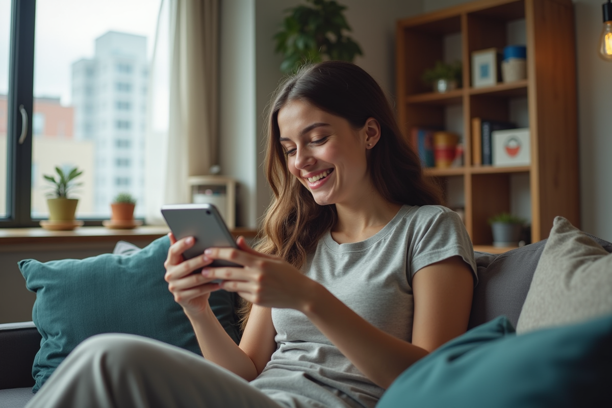 Jeune femme souriante discutant avec amis sur smartphone