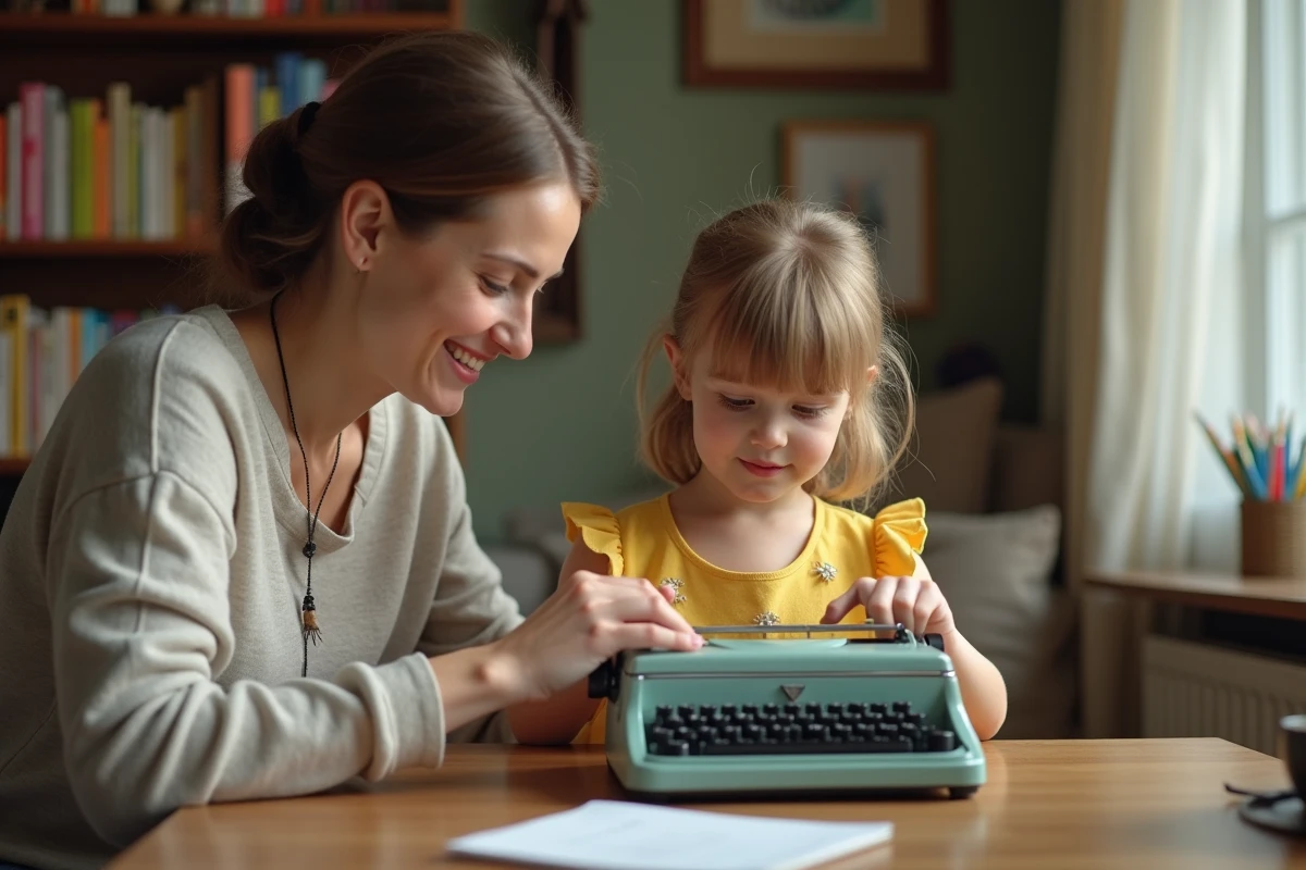 Jeune fille de 8 ans avec machine à écrire vintage