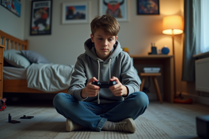 Adolescent concentré jouant à un jeu vidéo dans sa chambre