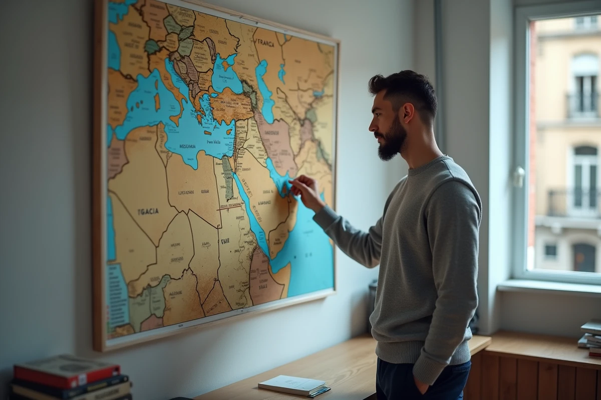 Jeune homme d'origine nord-africaine devant une carte de la Méditerranée dans une salle d'étude, symbolisant les origines familiales et le parcours d'intégration entre l'Algérie et la France