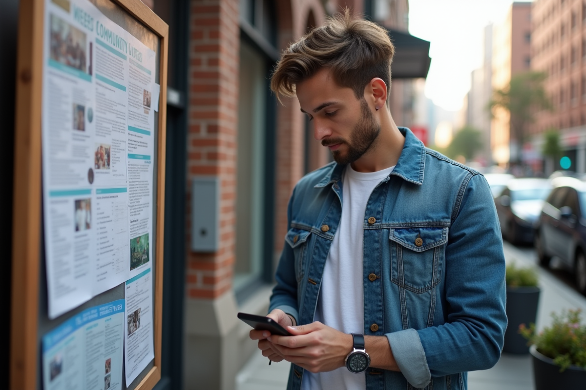 Jeune homme lisant une affiche dans une rue urbaine animée