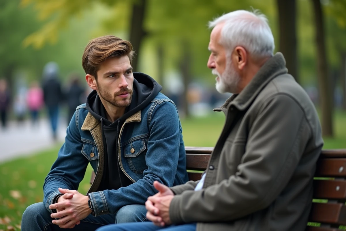 Jeune homme en plein air écoute un homme plus âgé