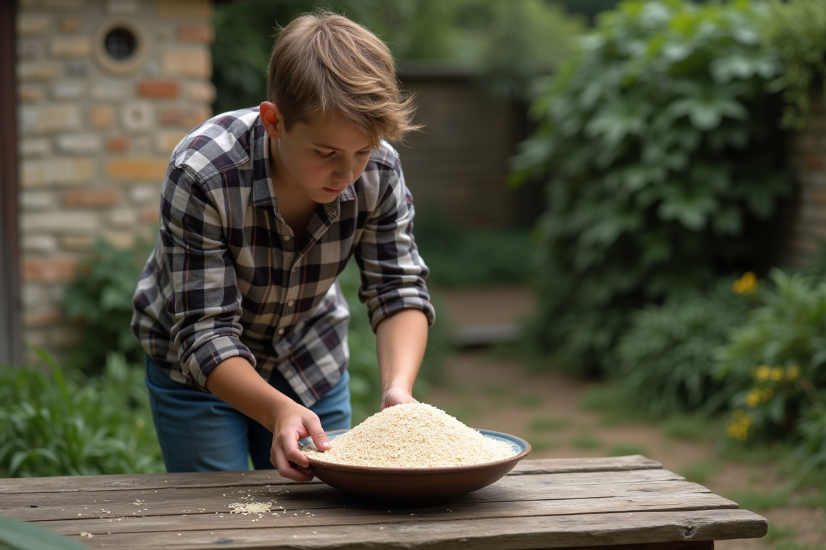 Jeune homme arrangeant du riz dans un bol en extérieur